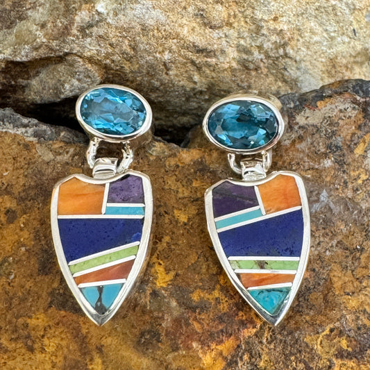 David Rosales Indian Summer Inlaid Sterling Silver Earrings Leaf w/ Blue Topaz