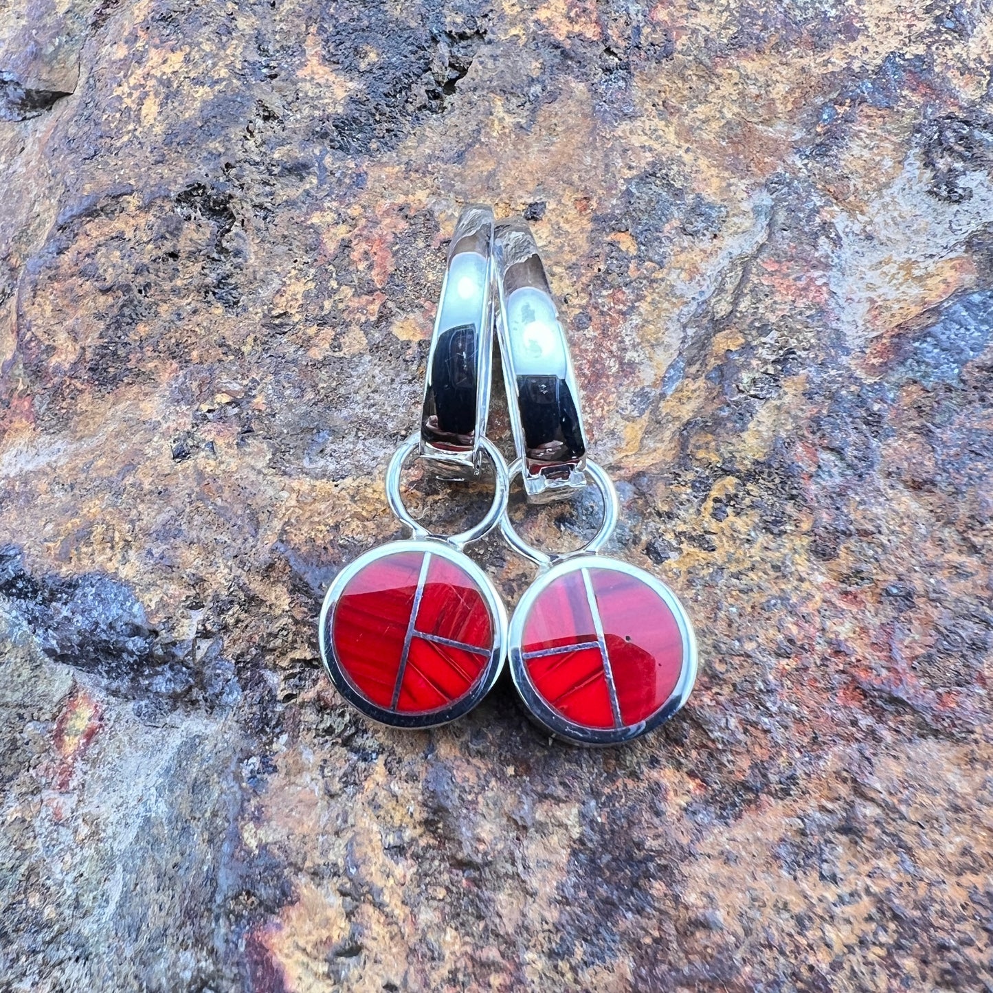 David Rosales Rosarita and Pristine Inlaid Sterling Silver Huggie Drop Earrings
