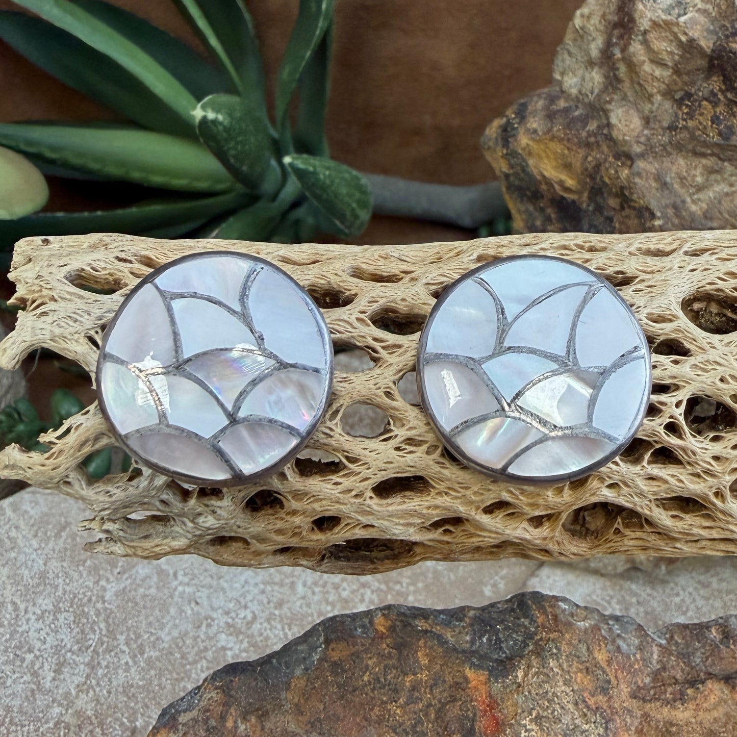 Vintage - Pink Mother of Pearl Inlay Post Earrings - Estate