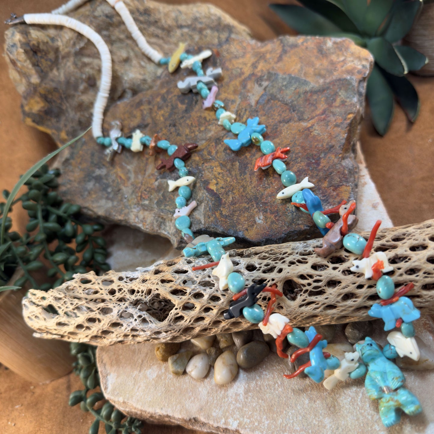 Zuni Multi-Stone Fetish Necklace with Turquoise Bear Pendant - Estate