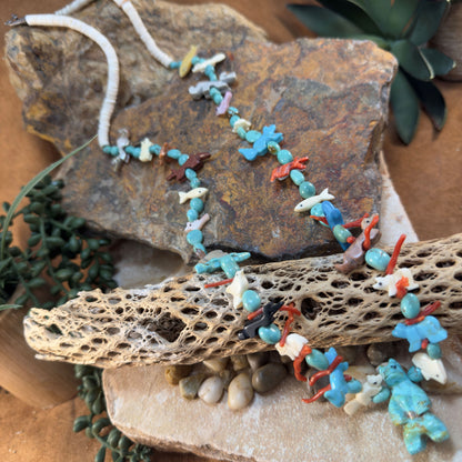Zuni Multi-Stone Fetish Necklace with Turquoise Bear Pendant - Estate