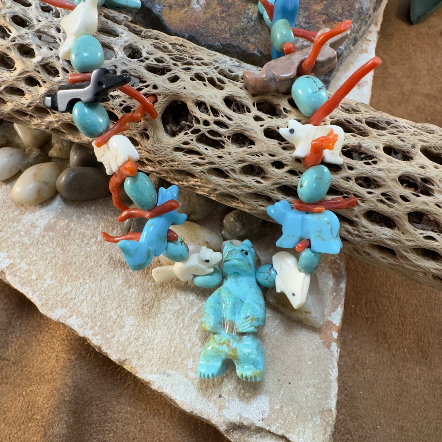 Zuni Multi-Stone Fetish Necklace with Turquoise Bear Pendant - Estate