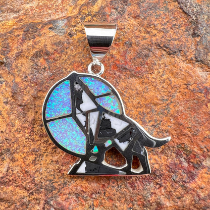 David Rosales White Buffalo Inlaid Sterling Silver Wolf Pendant w/ Cultured Opal