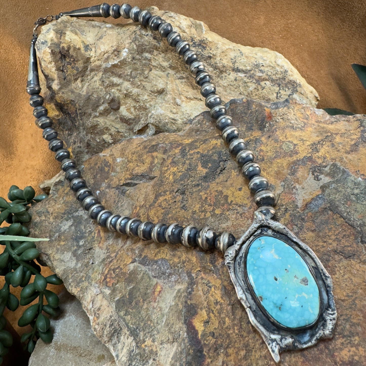 Vintage 1970s Navajo Sterling Silver Bead Necklace with Natural Turquoise Pendant - Estate