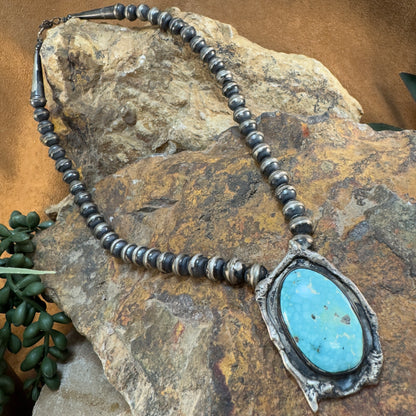 Vintage 1970s Navajo Sterling Silver Bead Necklace with Natural Turquoise Pendant - Estate