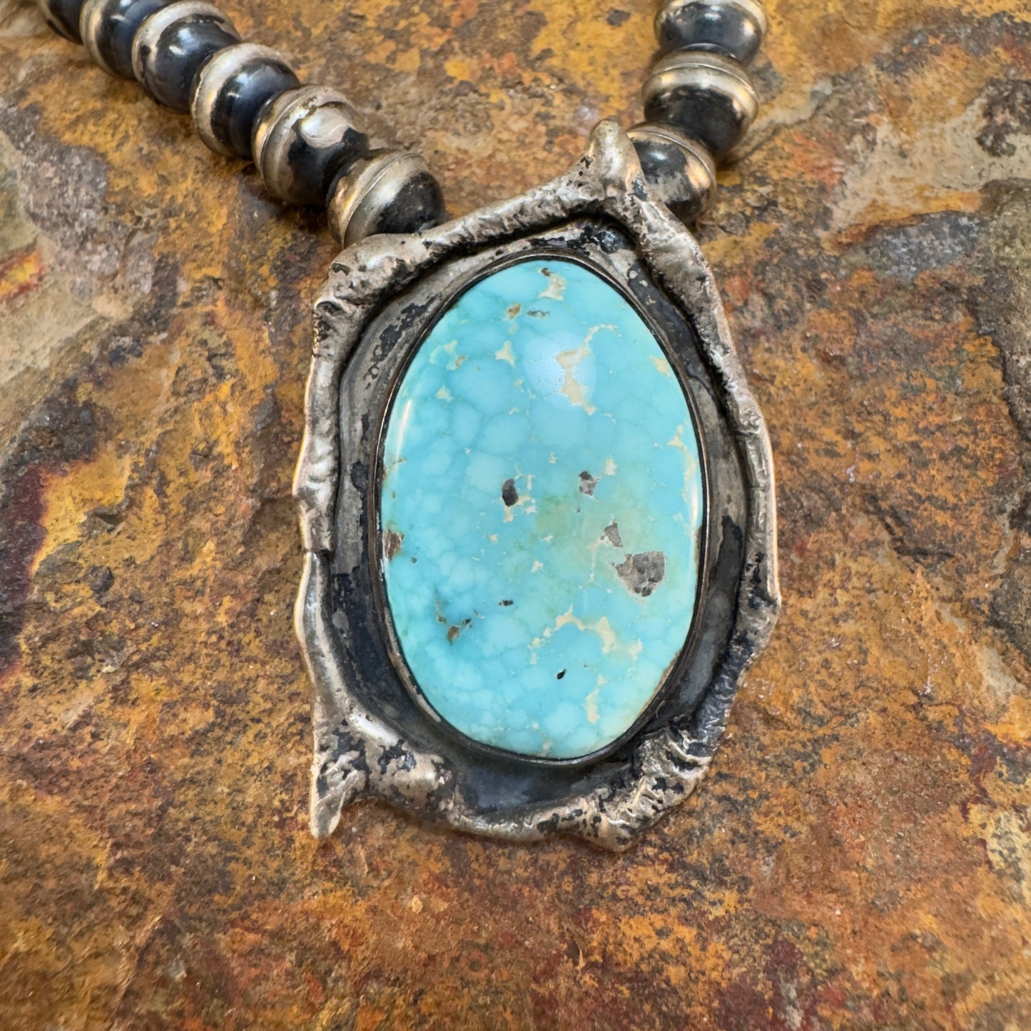 Vintage 1970s Navajo Sterling Silver Bead Necklace with Natural Turquoise Pendant - Estate