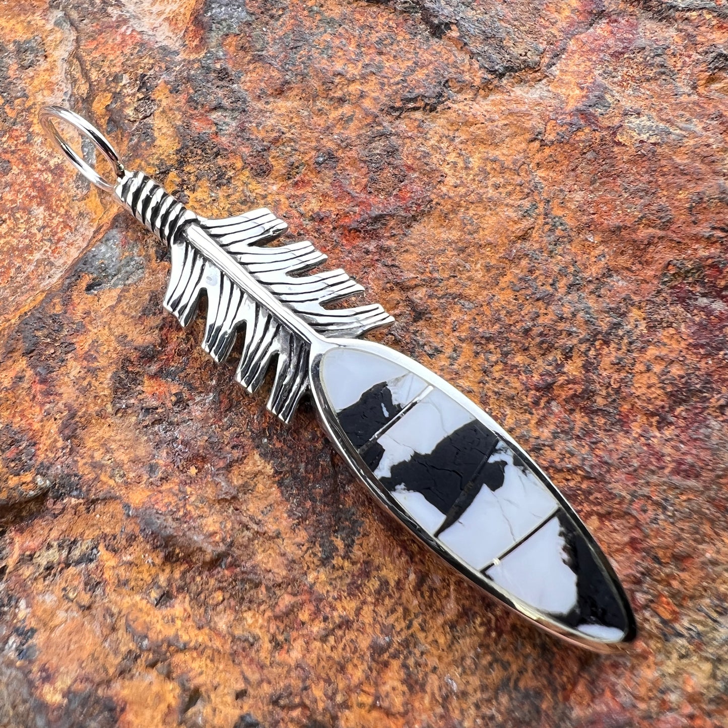 David Rosales White Buffalo Inlaid Sterling Silver Feather Pendant