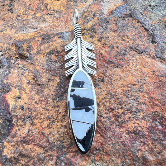 David Rosales White Buffalo Inlaid Sterling Silver Feather Pendant