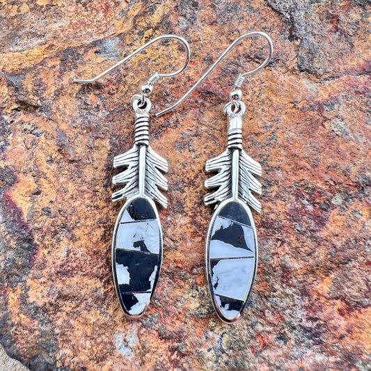 David Rosales White Buffalo Inlaid Sterling Silver Feather Earrings