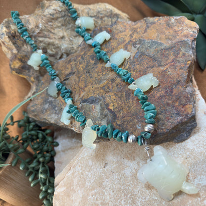 Carved Turtle Fetish Necklace with Turquoise Nuggets & Sterling Silver Accents - Estate