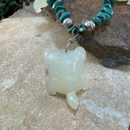 Carved Turtle Fetish Necklace with Turquoise Nuggets & Sterling Silver Accents - Estate