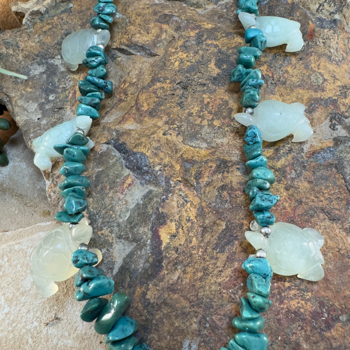 Carved Turtle Fetish Necklace with Turquoise Nuggets & Sterling Silver Accents - Estate