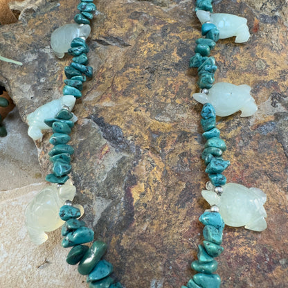 Carved Turtle Fetish Necklace with Turquoise Nuggets & Sterling Silver Accents - Estate