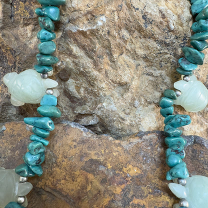 Carved Turtle Fetish Necklace with Turquoise Nuggets & Sterling Silver Accents - Estate