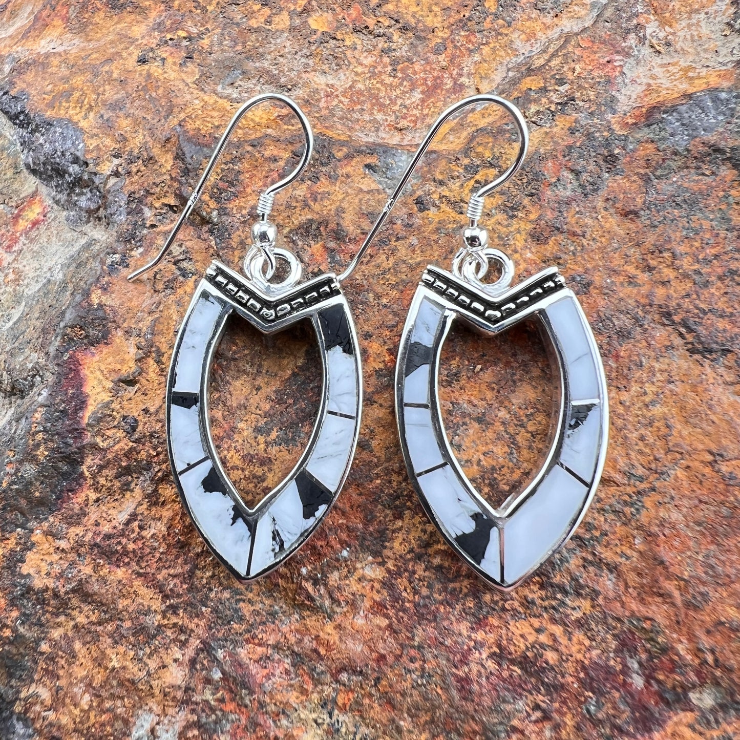 David Rosales White Buffalo Inlaid Sterling Silver Dangle Earrings