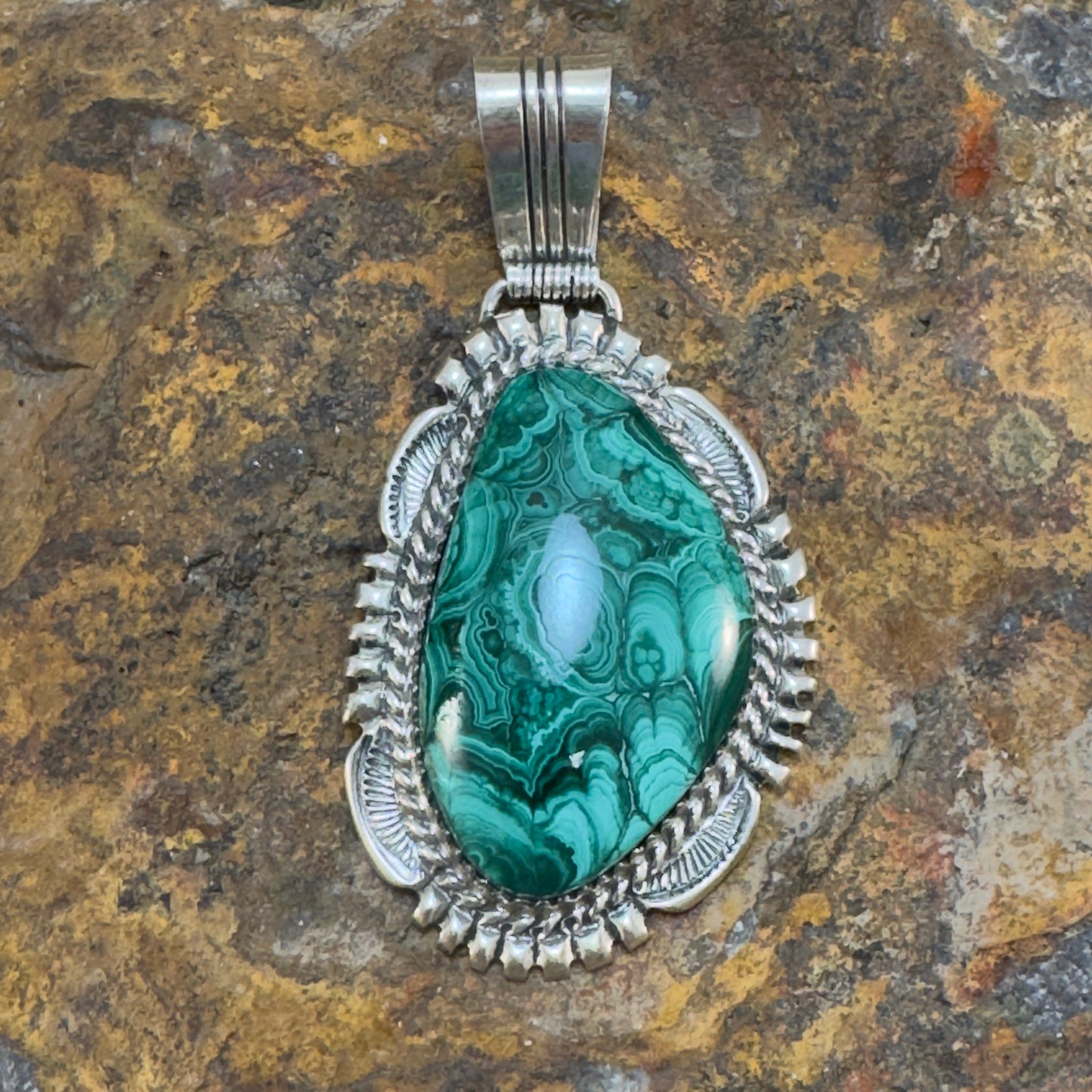 Vintage Sterling Silver and Malachite Pendant by Navajo Artist - Estate