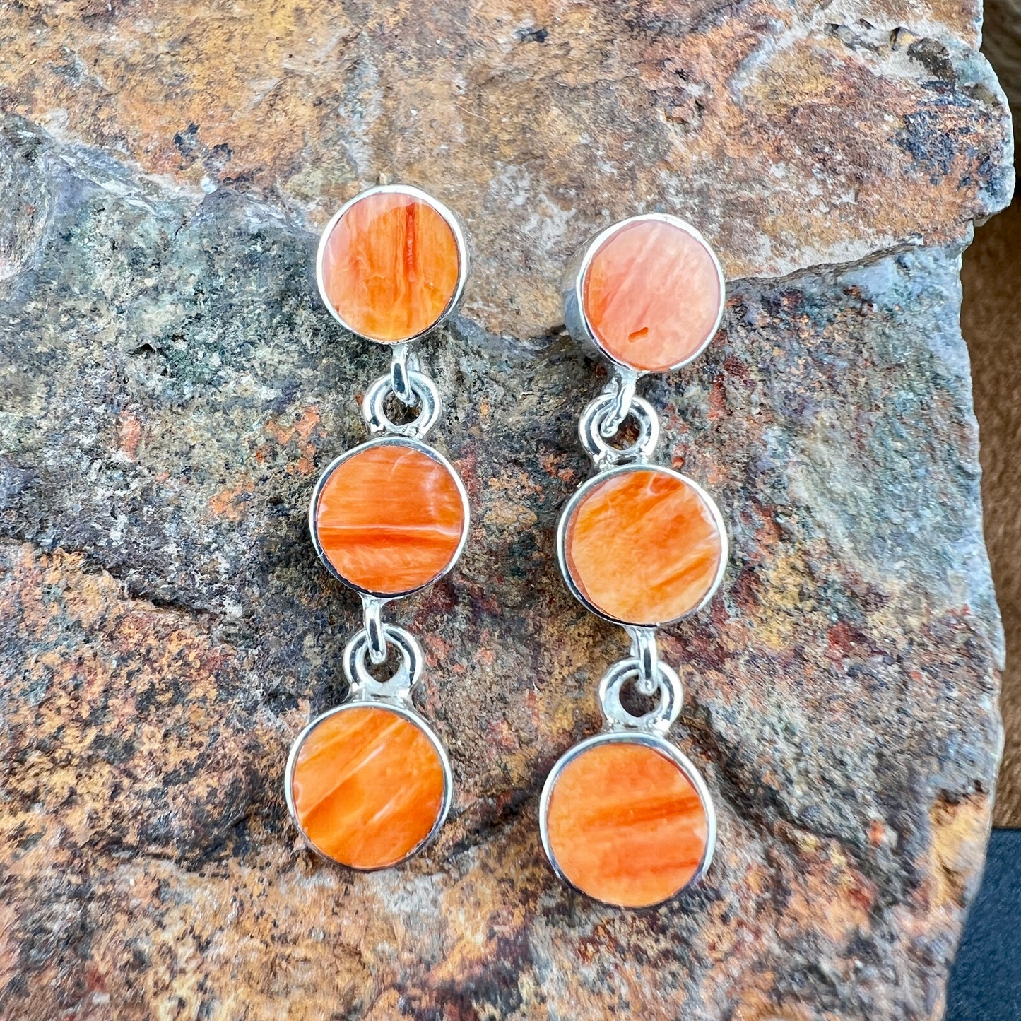 David Rosales Desert Fire Collection Spiny Oyster Triple Drop Sterling Silver Earrings