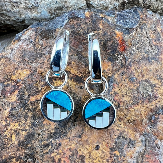 David Rosales Iron Spirit Fancy Inlaid Sterling Silver Huggie Drop Earrings