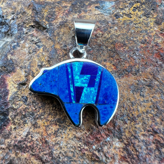 David Rosales Blue Sky Inlaid Sterling Silver Pendant Bear
