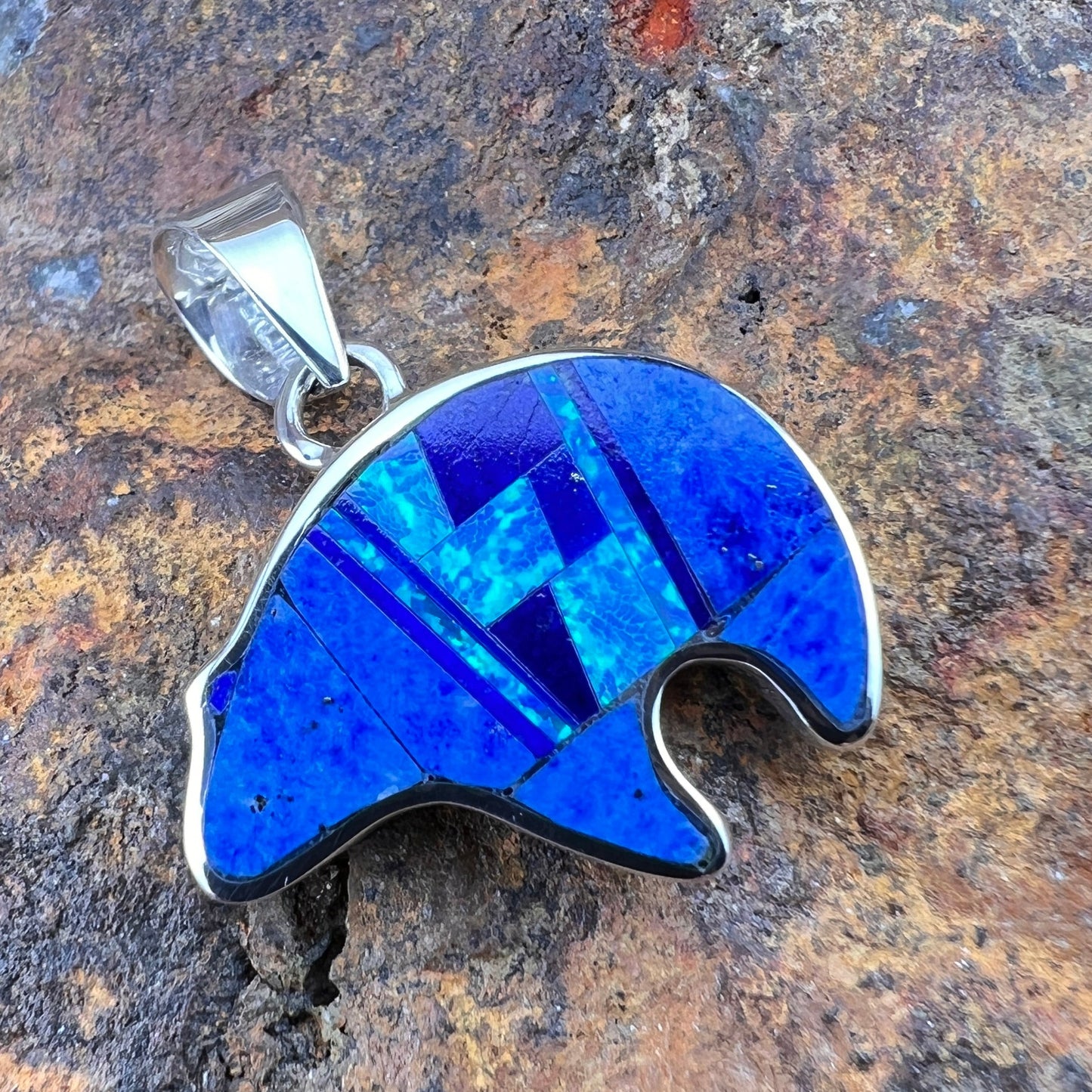 David Rosales Blue Sky Inlaid Sterling Silver Pendant Bear