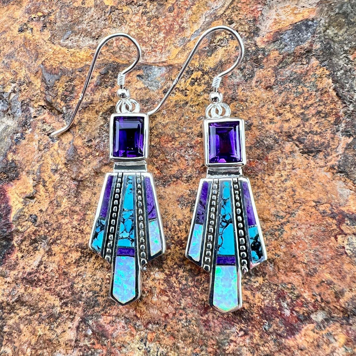 David Rosales Shalako Inlaid Sterling Silver Earrings w/ Amethyst