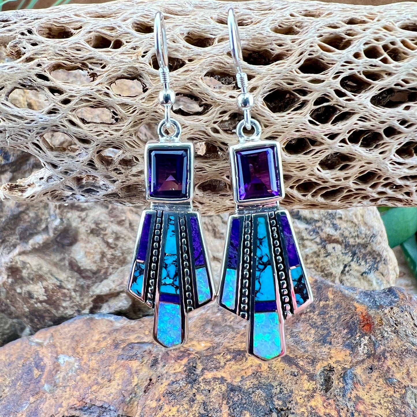 David Rosales Shalako Inlaid Sterling Silver Earrings w/ Amethyst