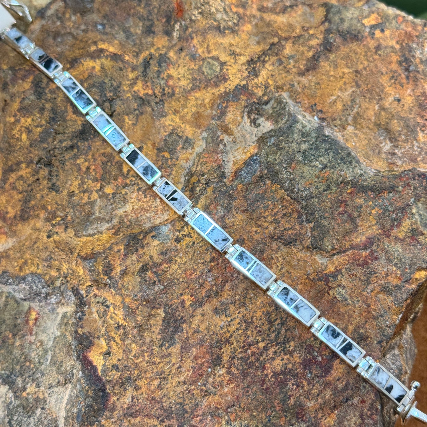 David Rosales White Buffalo Inlaid Sterling Silver Link Bracelet