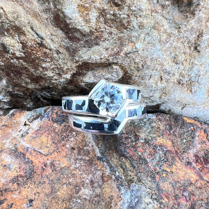 David Rosales White Buffalo Inlaid Sterling Silver Ring Set w/ Cubic Zirconia