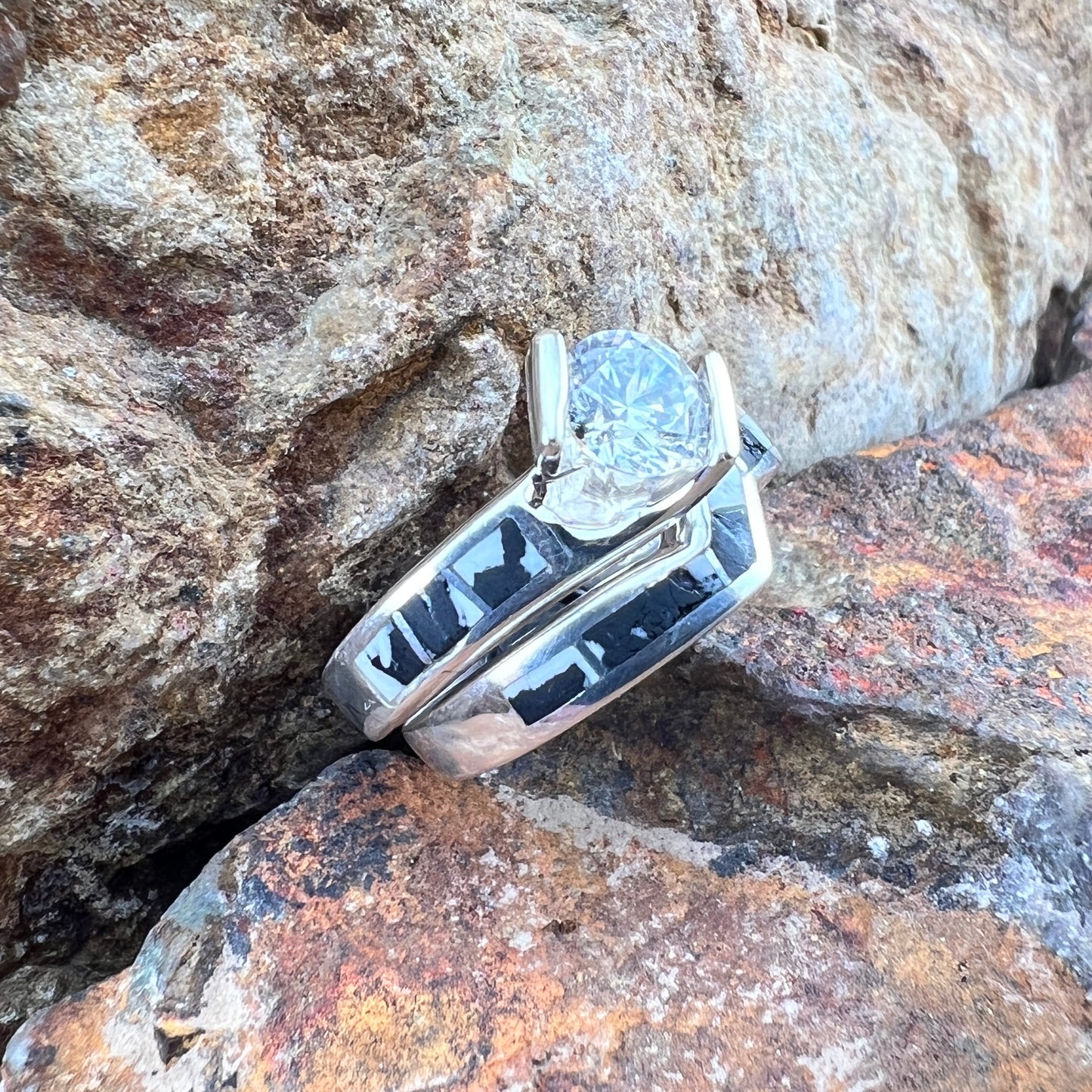 David Rosales White Buffalo Inlaid Sterling Silver Ring Set w/ Cubic Zirconia