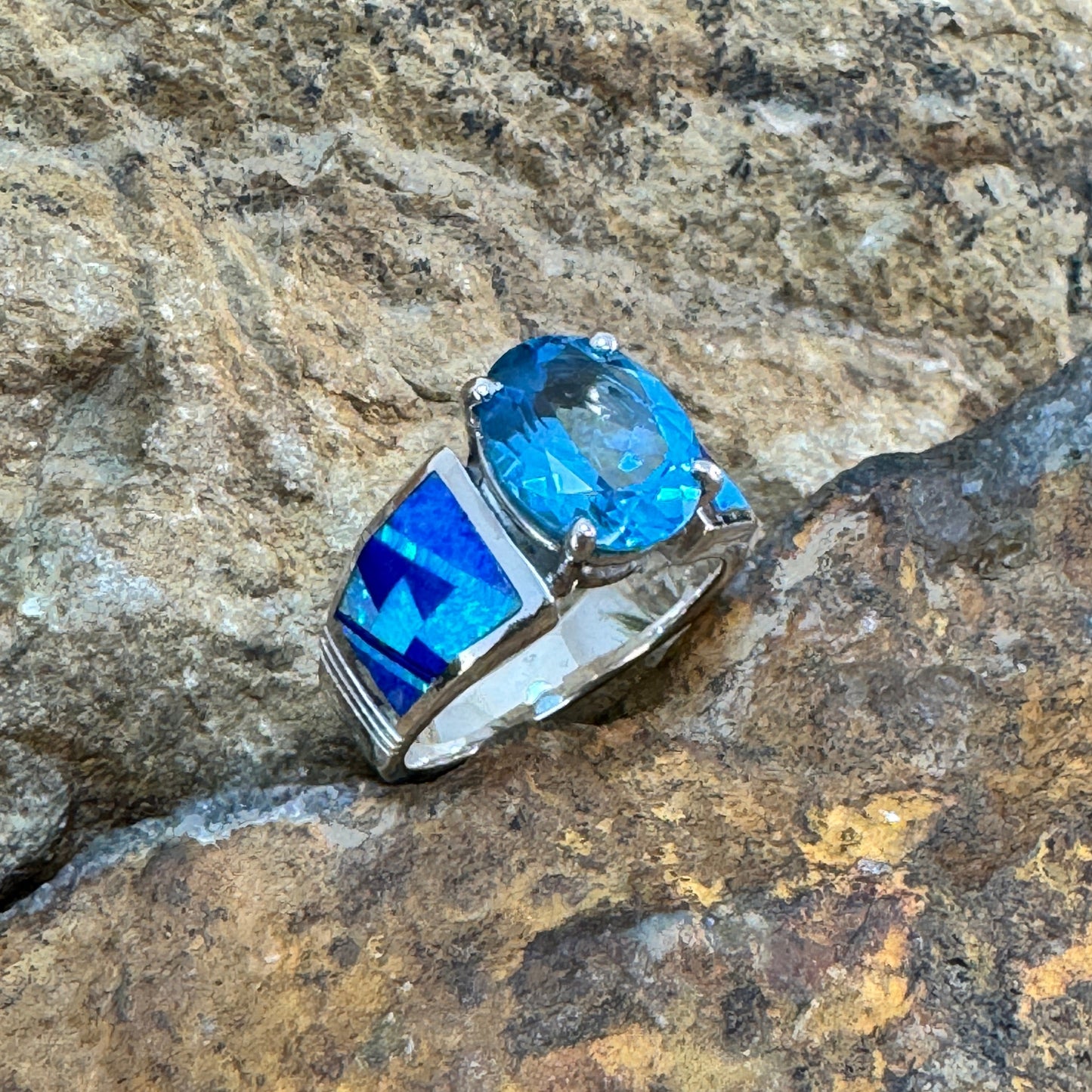David Rosales Blue Sky Inlaid Sterling Silver Ring w/ Blue Topaz
