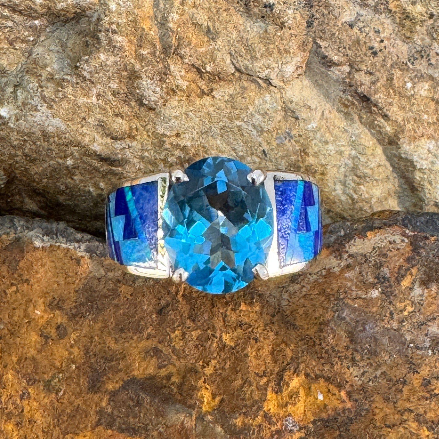David Rosales Blue Sky Inlaid Sterling Silver Ring w/ Blue Topaz