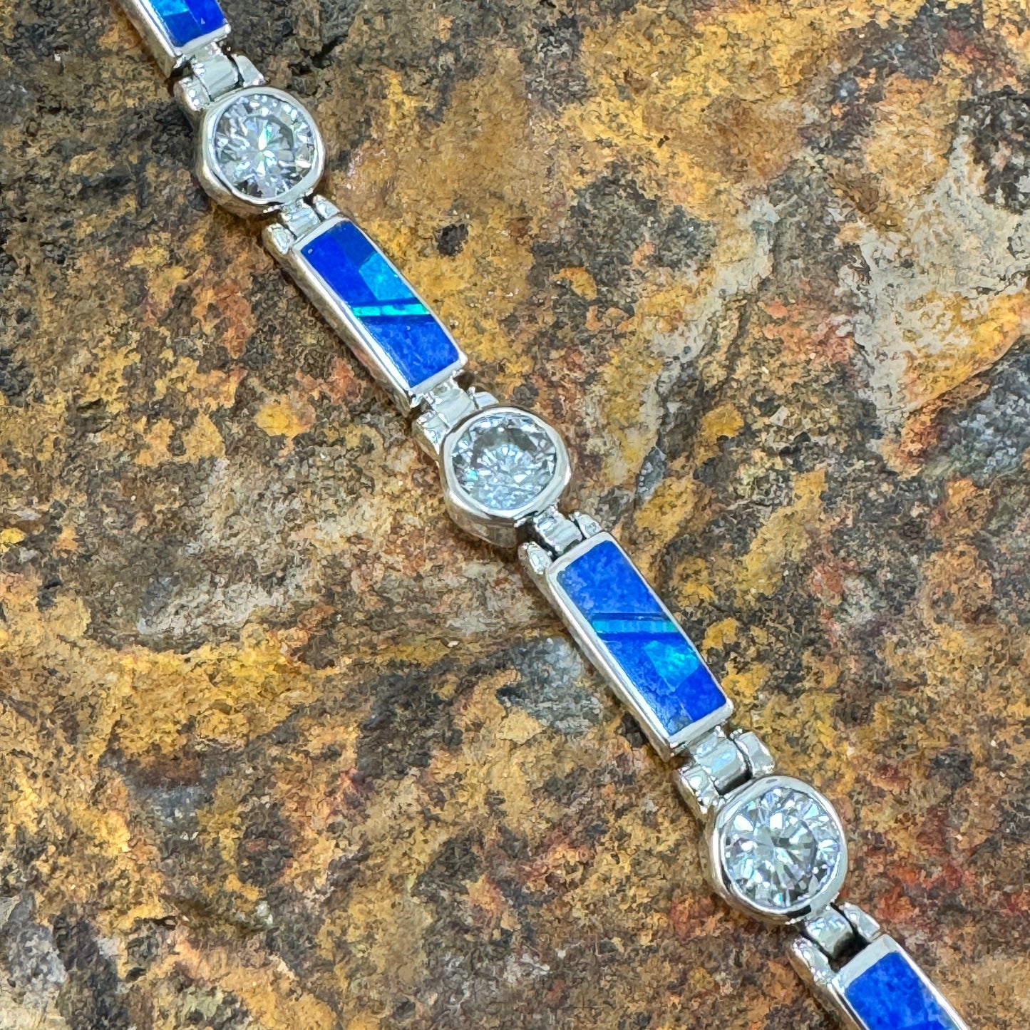 David Rosales Blue Sky Inlaid Sterling Silver Link Bracelet w/ Cubic Zirconia