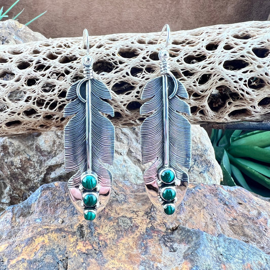 Dangle Malachite Feather Earrings by Ray Coriz
