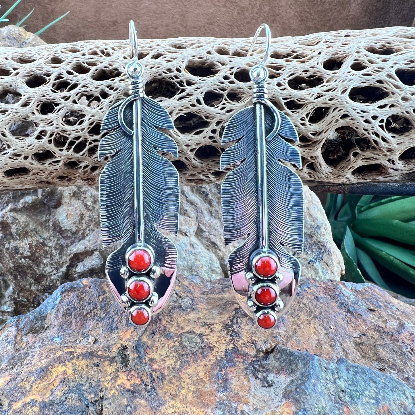 Dangle Mediterranean Red Coral Feather Earrings by Ray Coriz