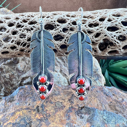Dangle Mediterranean Red Coral Feather Earrings by Ray Coriz
