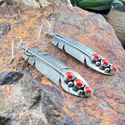 Dangle Mediterranean Red Coral Feather Earrings by Ray Coriz