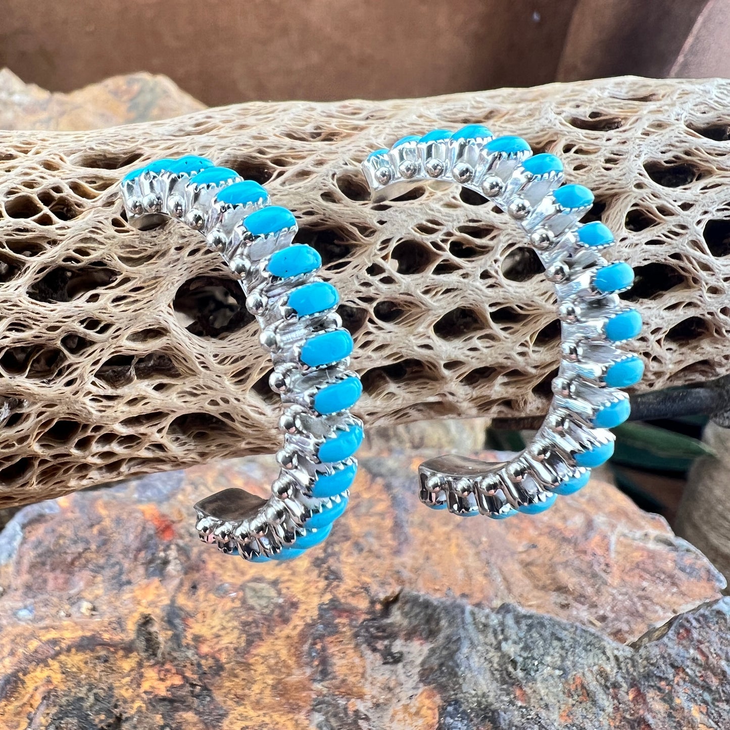 Turquoise Sterling Silver Hoop Earrings by Bernard Cachini