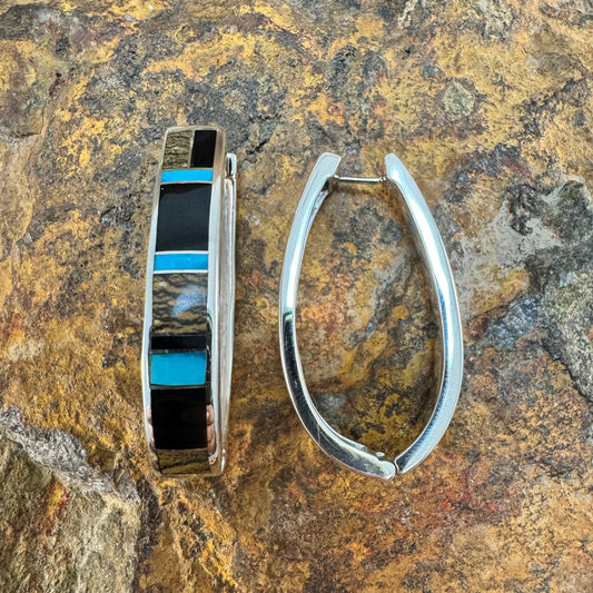 David Rosales Turquoise Creek Inlaid Sterling Silver Earrings Long Huggies