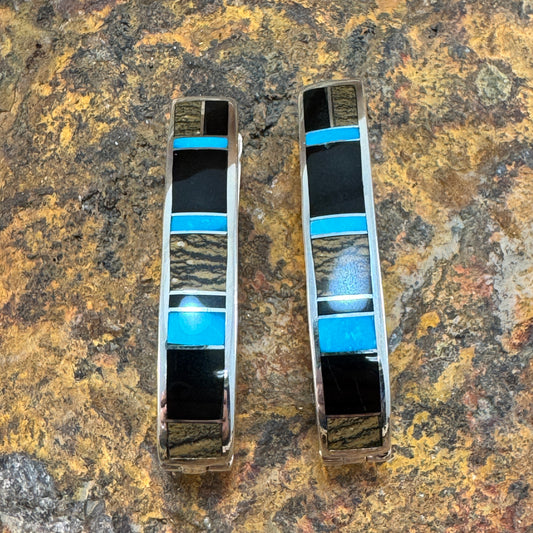 David Rosales Turquoise Creek Inlaid Sterling Silver Earrings Long Huggies