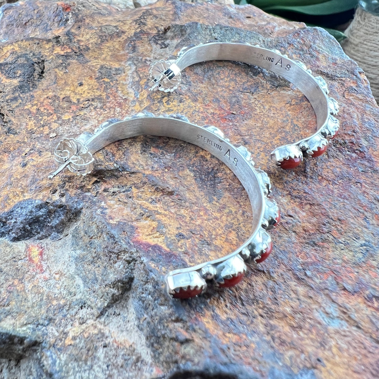 Mediterranean Red Coral Sterling Silver Hoop Earrings by Anna Spencer