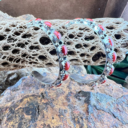 Mediterranean Red Coral Sterling Silver Hoop Earrings by Anna Spencer