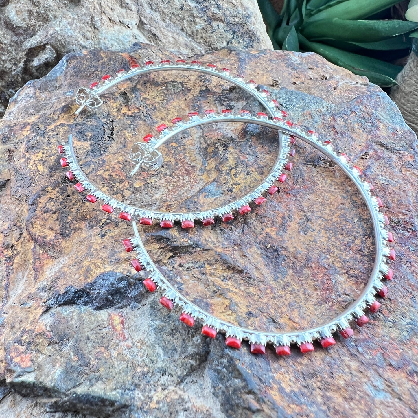 Mediterranean Red Coral Petite Point Zuni Earrings by Harvey Kallestewa