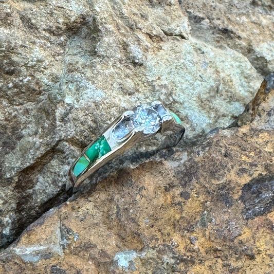 David Rosales Sonoran Gold Turquoise Inlaid Sterling Silver Ring w/ Cubic Zirconia