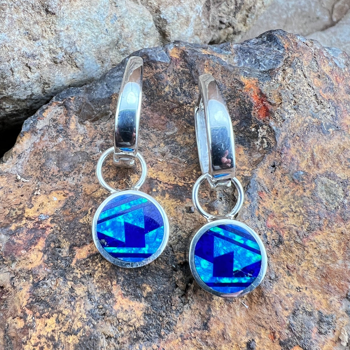 David Rosales Blue Sky Fancy Inlaid Sterling Silver Huggie Drop Earrings