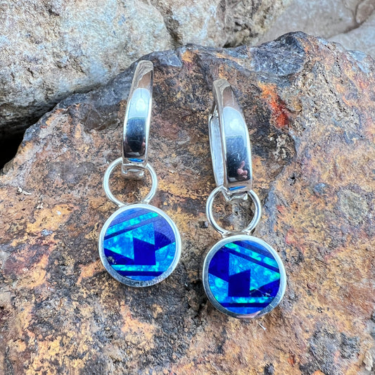 David Rosales Blue Sky Fancy Inlaid Sterling Silver Huggie Drop Earrings