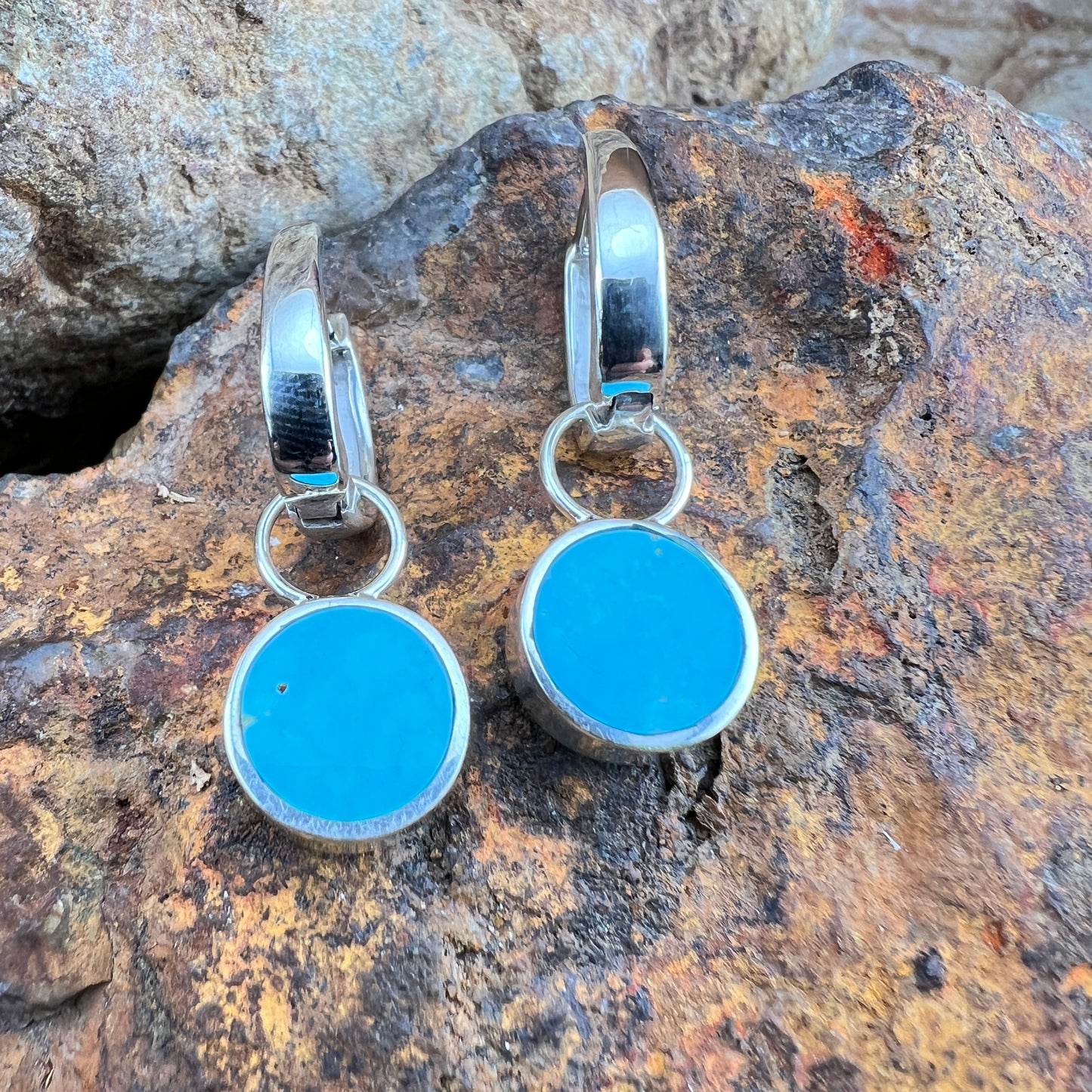 David Rosales Blue Sky Fancy Inlaid Sterling Silver Huggie Drop Earrings