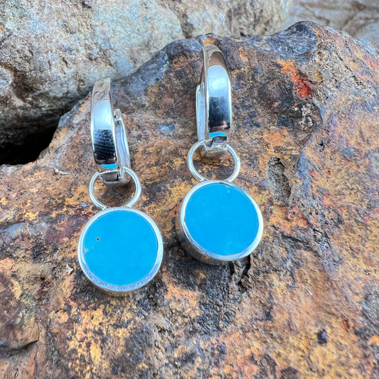 David Rosales Blue Sky Fancy Inlaid Sterling Silver Huggie Drop Earrings