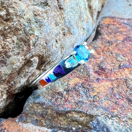 David Rosales Indian Summer Inlaid Sterling Silver Ring w/ Blue Topaz