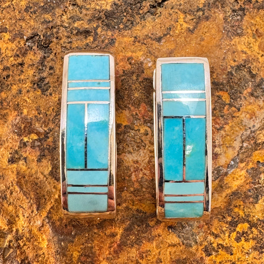 David Rosales Arizona Blue Inlaid Sterling Silver Earrings Huggie