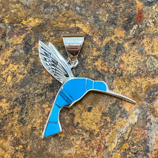 David Rosales Arizona Blue Inlaid Sterling Silver Pendant Hummingbird